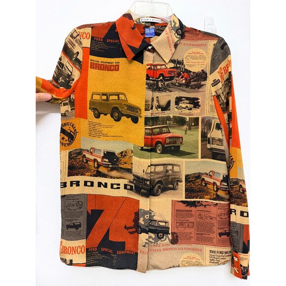 Alice + Olivia x Bronco Willa Shirt Blouse Car Horse Ford Print Orange Red S - Picture 6 of 14
